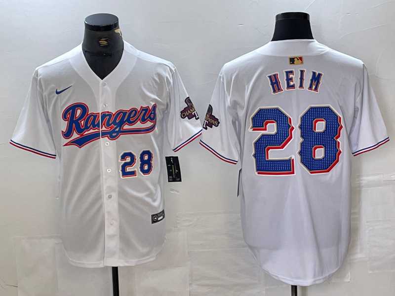 Men%27s Texas Rangers #28 Jonah Heim Number White 2023 World Series Champions Cool Base Jerseys